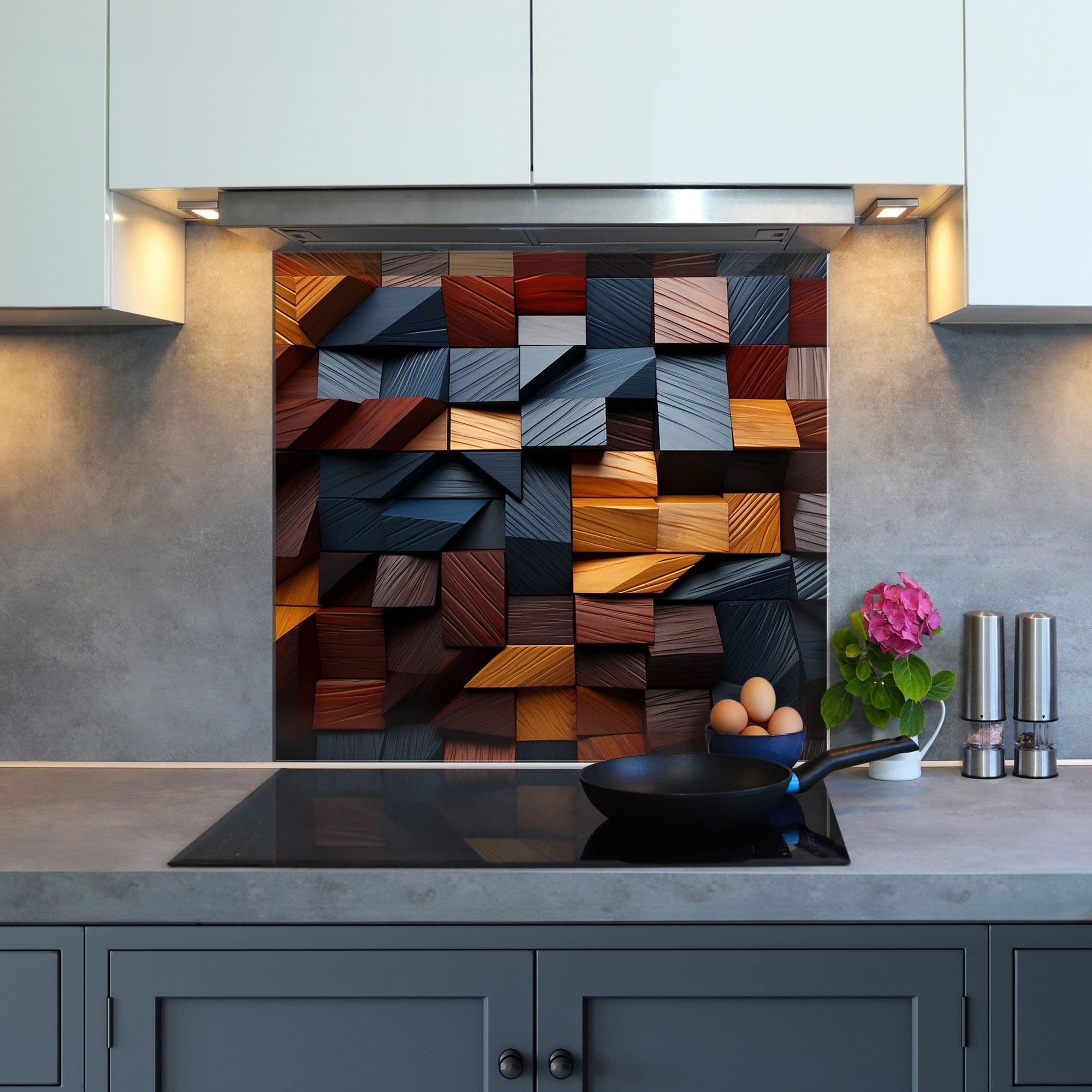 3D effect dark blocks kitchen glass splashback | 1st Glass Art